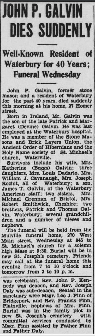 John Patrick Galvin - obituary from the Waterbury Democrat