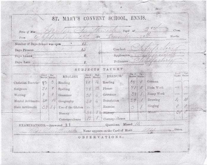 Martha Smithwick - 2nd Class Report Card from St. Mary's Convent School, Ennis, Co. Clare, IE